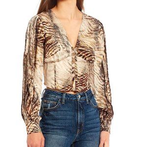GUESS Jaxon Long-Sleeve Tiger-Print Corset Top